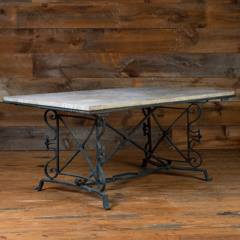 Appraisal: Black Painted Metal and Stone Center Table x ft in