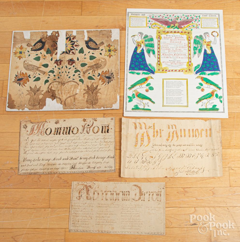 Appraisal: Five Pennsylvania fraktur Five Pennsylvania fraktur to include three early