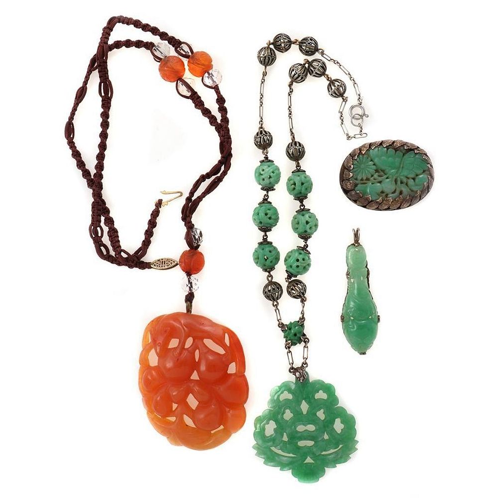 Appraisal: Carved jade rock crystal silver gold-filled jewelry comprising necklaces a