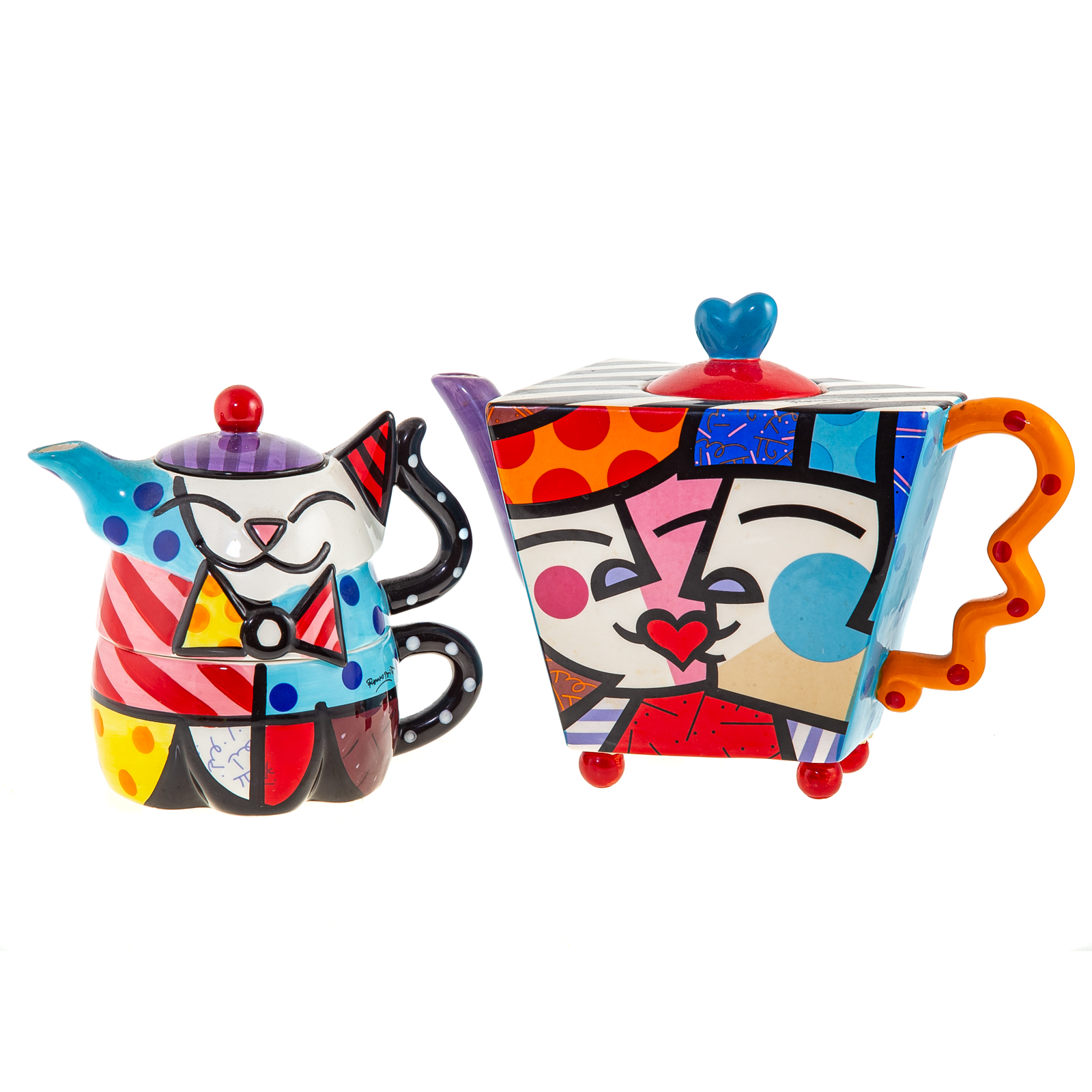 Appraisal: ROMERO BRITTO TWO CERAMIC TEAPOTS Brazilian b Cat teapot signed