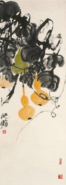 Appraisal: Zhu Qizhan - Gourds Hanging scroll ink and color on