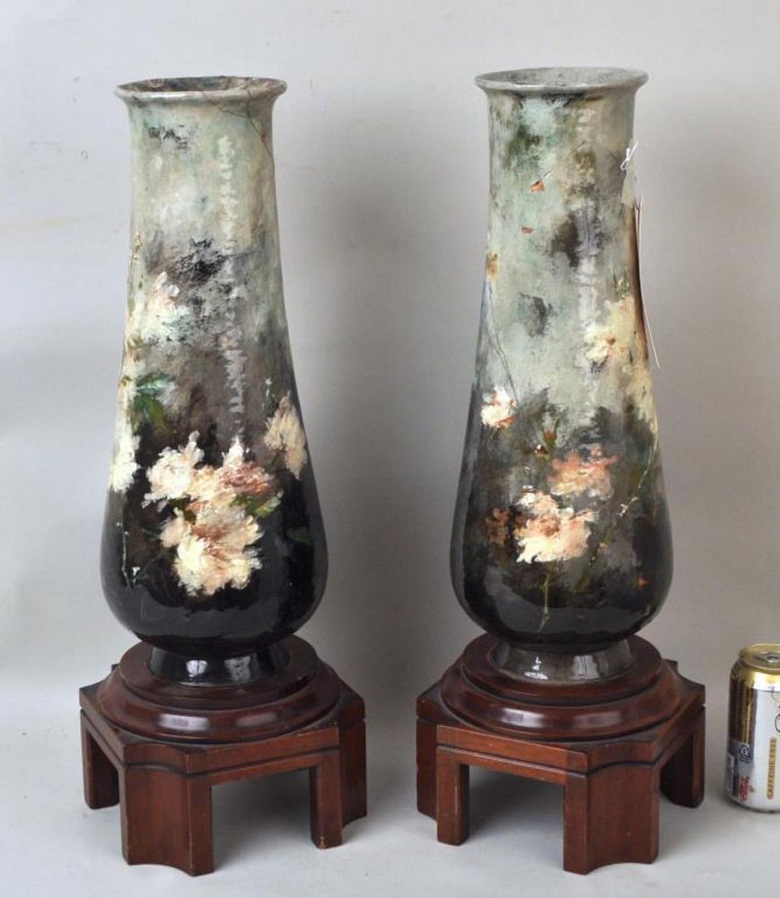 Appraisal: Pair Contemporary Porcelain Vases Stands Haviland Co Barbotine Likely Edouard