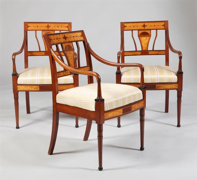 Appraisal: SUITE OF SWEDISH NEOCLASSICAL MAHOGANY FRUITWOOD PARQUETRY SEAT FURNITURE Comprising