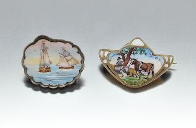 Appraisal: Two European Enameled Brooches Two silver brooches one with bucolic