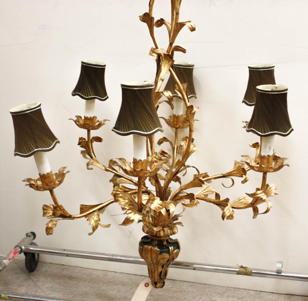 Appraisal: LOUIS XV STYLE GILDED METAL CHANDELIER a six-light candlestick design