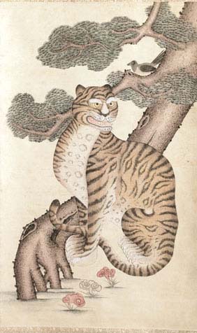 Appraisal: CHOSON-STYLE SCROLL PAINTING Choson-style scroll painting depicting a tiger beneath