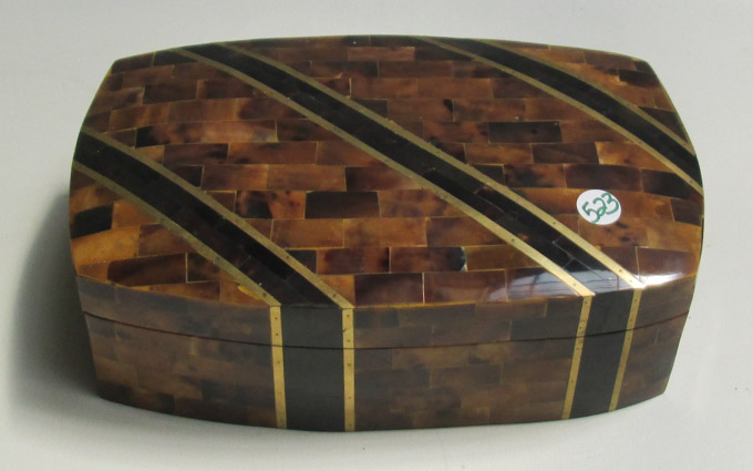 Appraisal: INLAID WOOD BOX casket form having faux tortoiseshell and horn