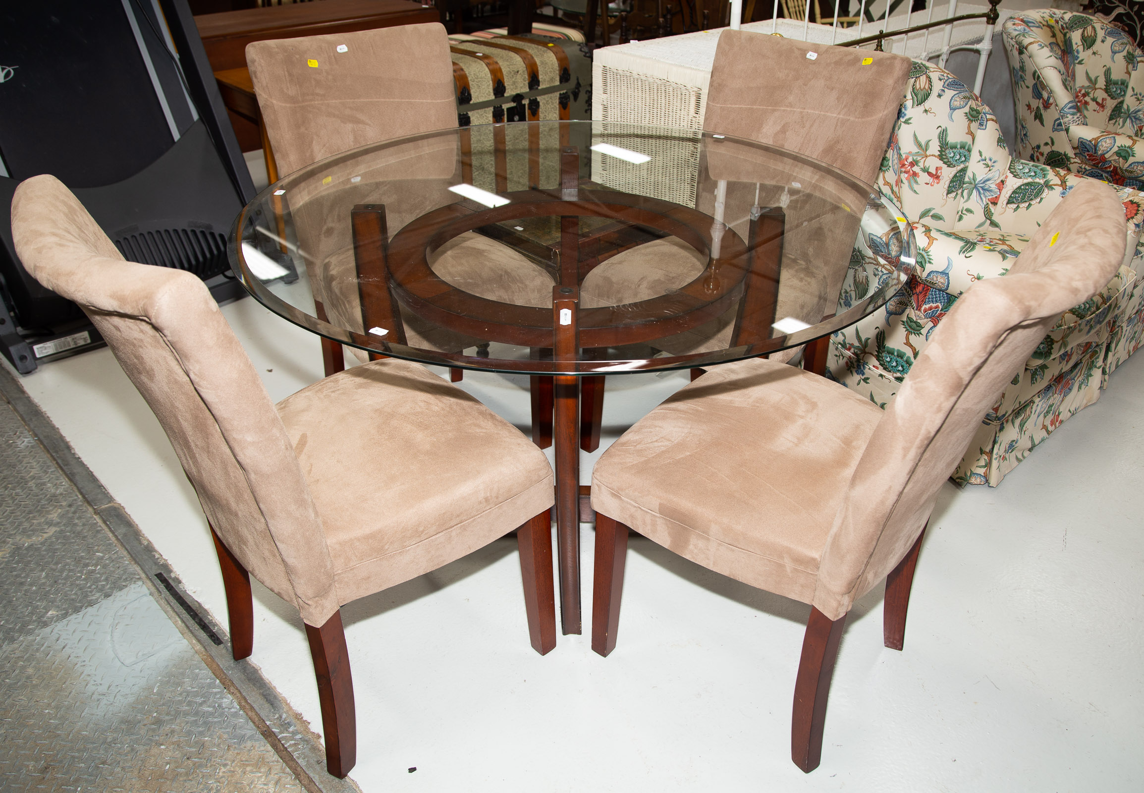 Appraisal: CONTEMPORARY GLASS TOP TABLE WITH FOUR CHAIRS Ultra suede upholstered