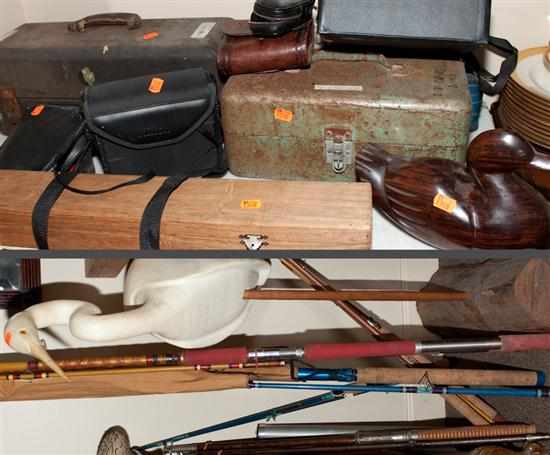 Appraisal: Assorted fishing rods one in wood case binoculars two metal