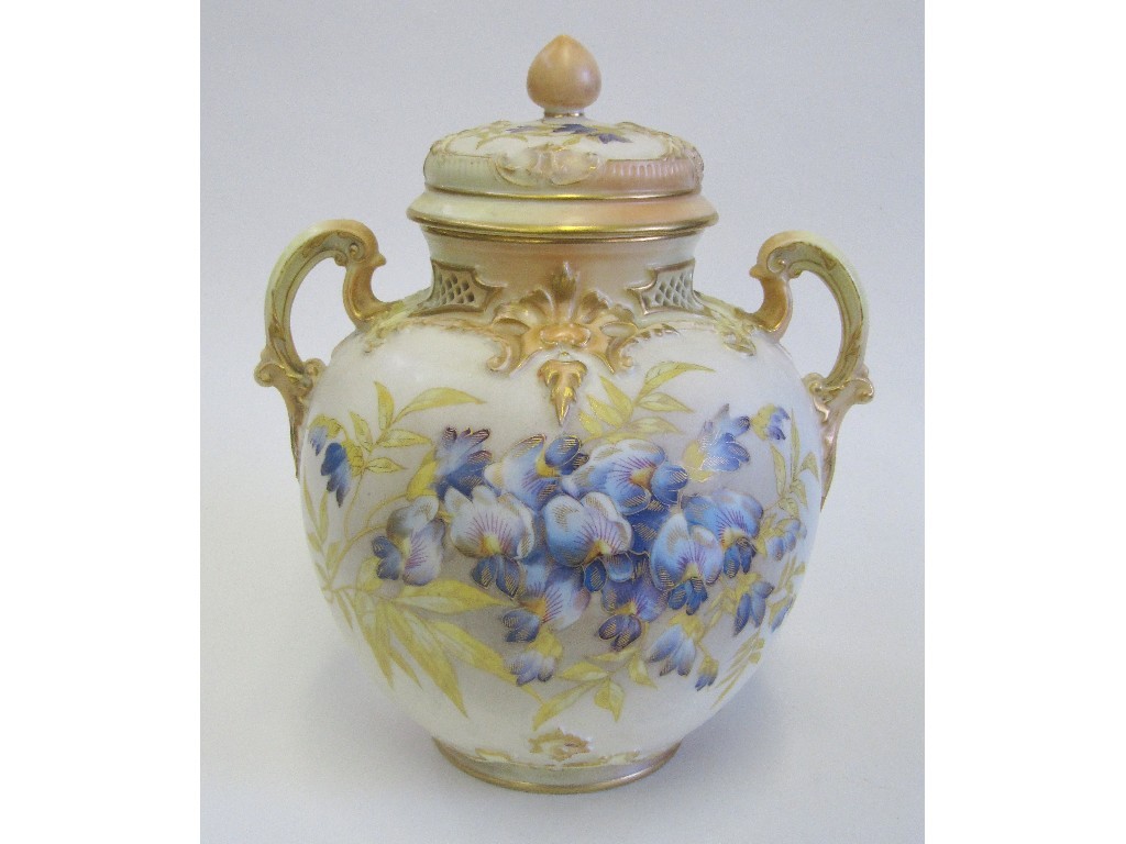 Appraisal: Royal Worcester twin handled jar and cover painted with wisteria