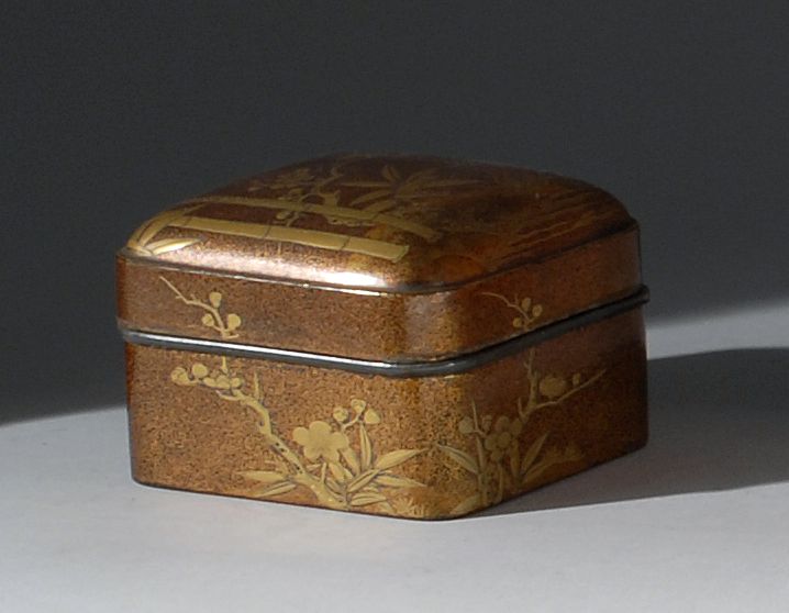 Appraisal: GOLD LACQUER BOX th CenturyIn square form with pine prunus