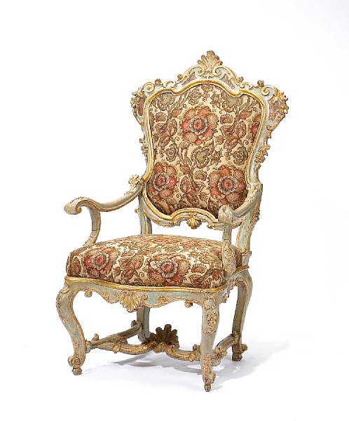 Appraisal: A Venetian Rococo polychrome and parcel gilt armchair mid th