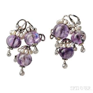 Appraisal: Pair of kt Gold Amethyst Freshwater Pearl and Diamond Brooches