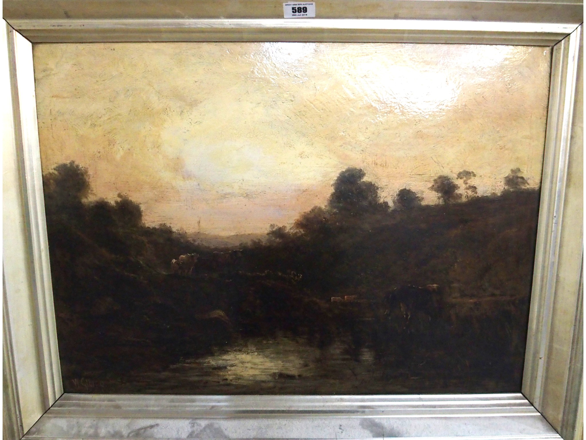 Appraisal: W GLOVER Horse and cattle by a river signed oil