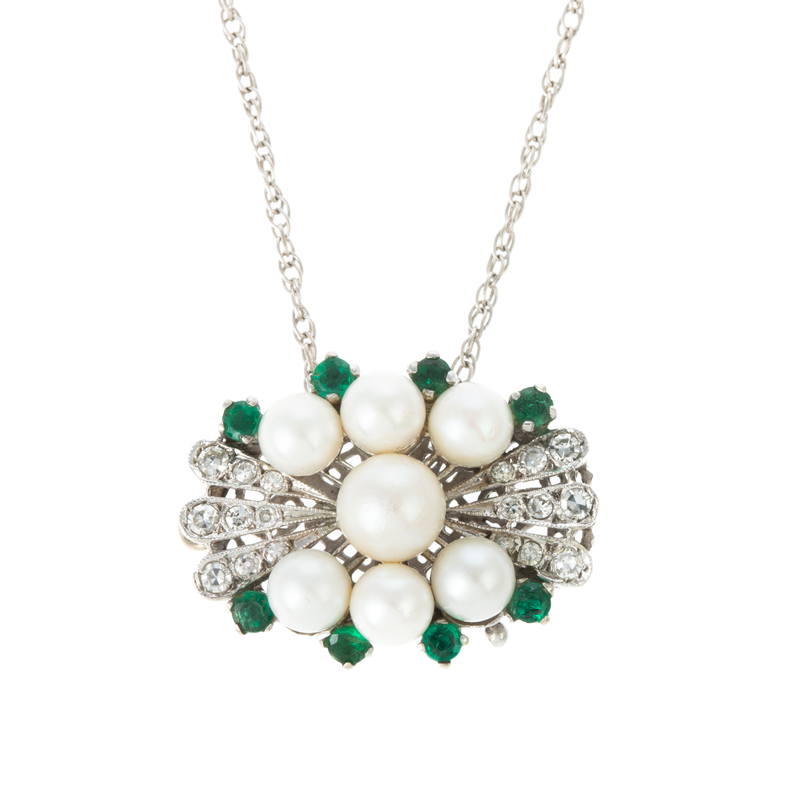 Appraisal: A PEARL DIAMOND EMERALD PENDANT IN K K white gold