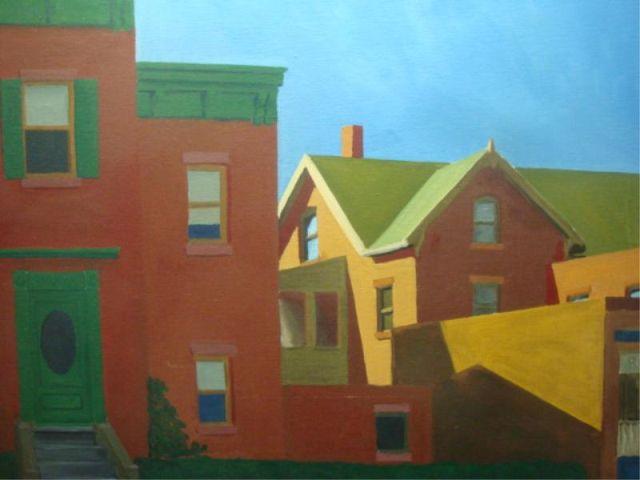 Appraisal: Oil on Canvas of Houses Style of Hopper Not visibly