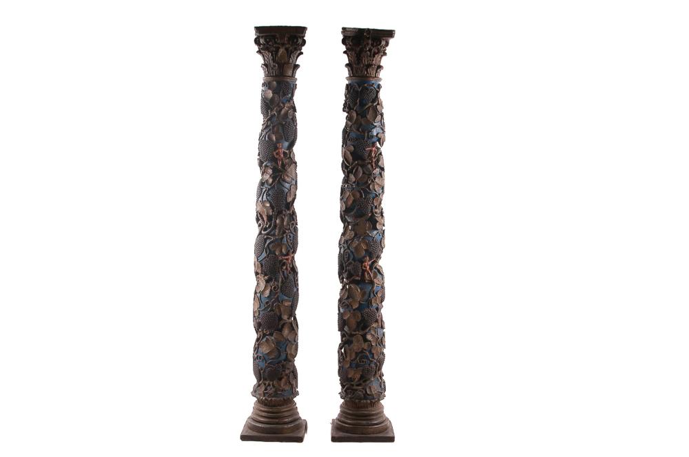 Appraisal: PAIR OF CARVED POLYCHROME TEMPLE OF SOLOMON COLUMNSappriximately inches high