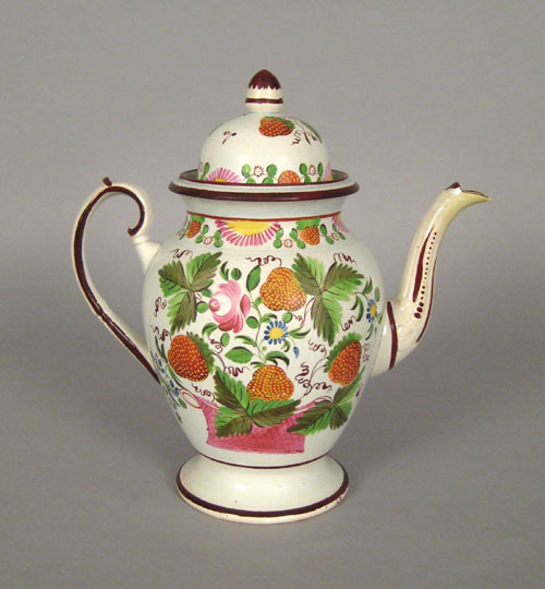 Appraisal: Staffordshire strawberry decorated coffee pot ovoid with pink roses and