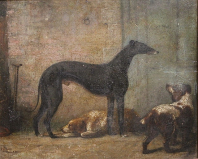 Appraisal: th Century English SchoolNaive study of dogs oils on board