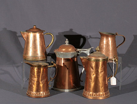 Appraisal: Group of Three Copper Coffee Pots and Two Milk Pitchers