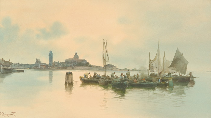 Appraisal: ALBERTO PROSDOCIMI WATERCOLOR ON PAPER Italy - Fishing Boats Venice