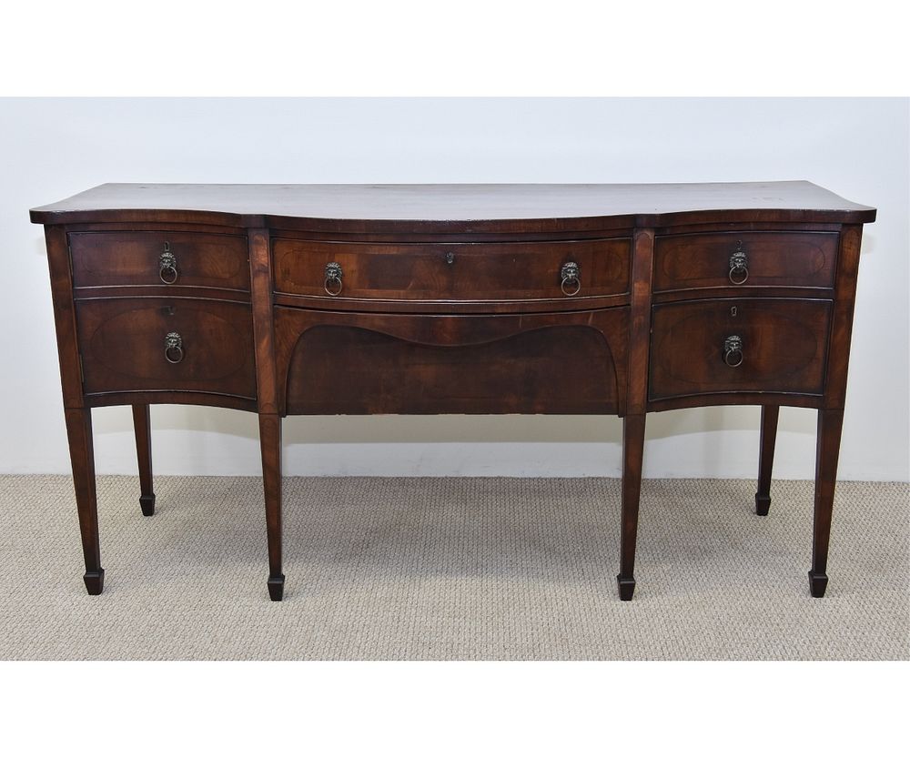 Appraisal: Georgian Mahogany Inlaid Sideboard Georgian mahogany inlaid serpentine front sideboard