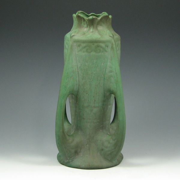 Appraisal: Radford Radura four-handled vase in matte green Unmarked Restoration to