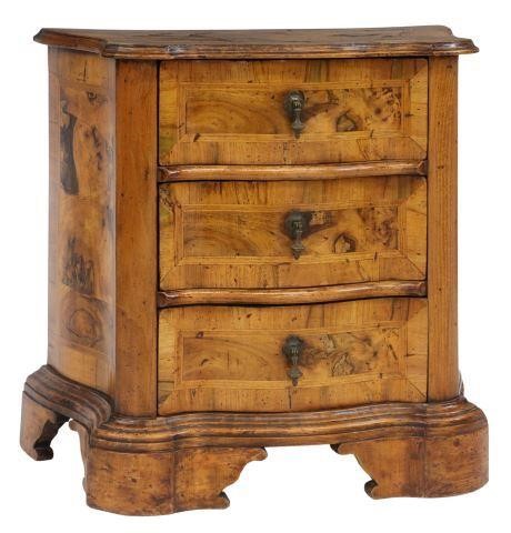 Appraisal: Venetian patchwork burled walnut nightstand th c serpentine-front case banded