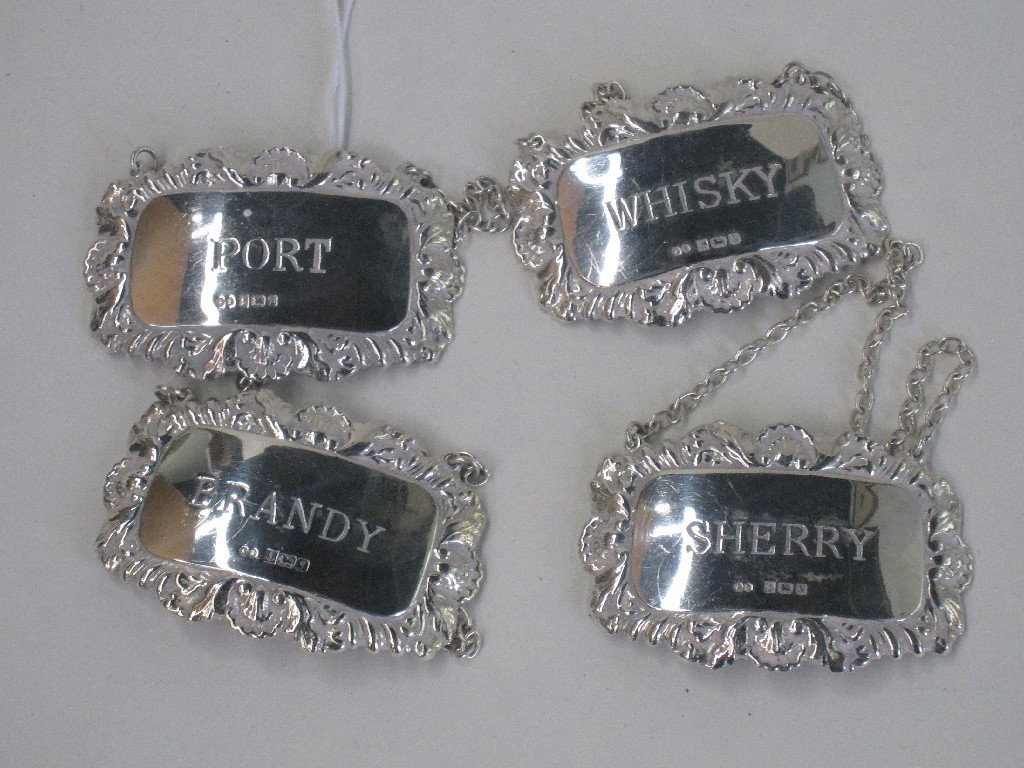 Appraisal: Lot comprising four silver decanter labels assorted modern Birmingham marks