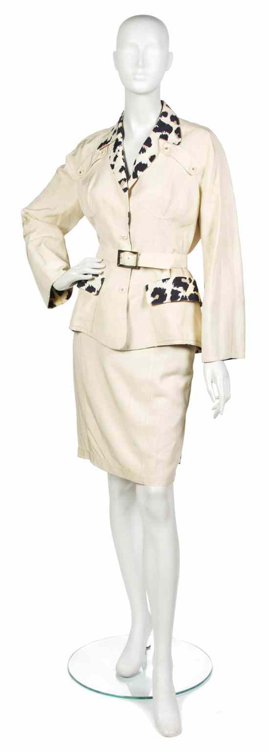 Appraisal: A Thierry Mugler Beige Leopard Skirt Suit navy and white