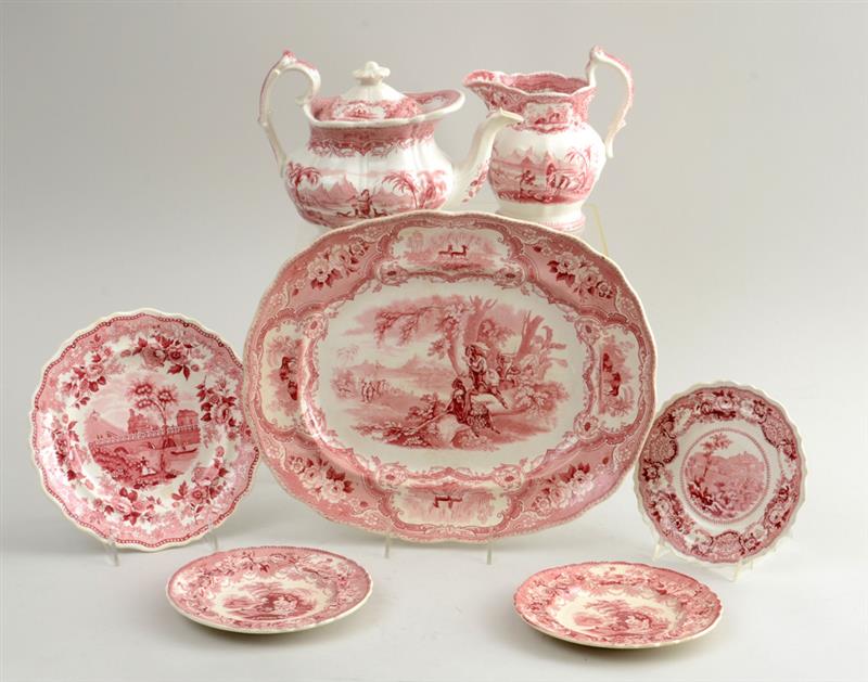 Appraisal: GROUP OF SEVEN STAFFORDSHIRE RED TRANSFER-PRINTED ARTICLES WITH AMERICAN VIEWS