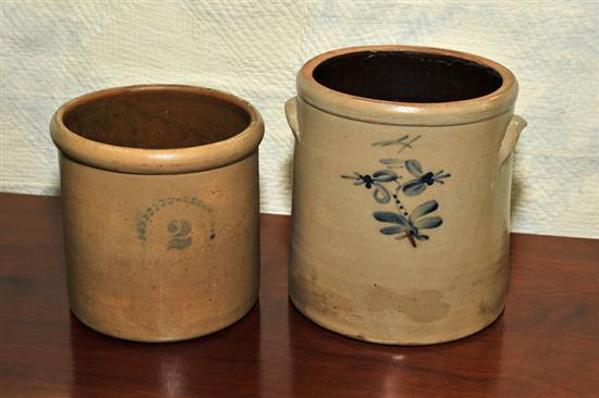 Appraisal: TWO STONEWARE CROCKS Each with cobalt One floral decorated four