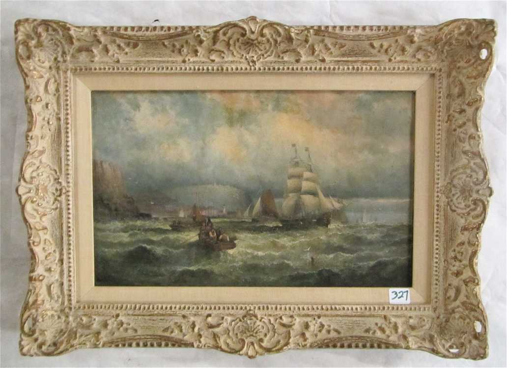 Appraisal: SEASCAPE OIL ON CANVAS tall ships near harbor and figures