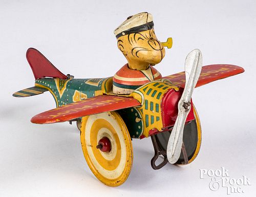 Appraisal: MARX POPEYE LITHOGRAPHED TIN AIRPLANE WIND-UP TOYMarx Popeye lithographed tin