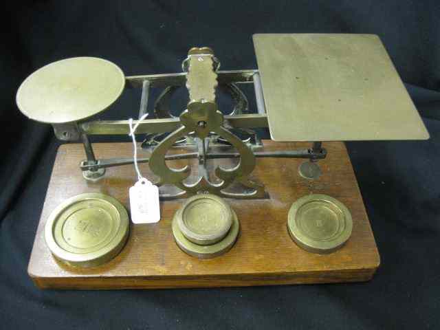 Appraisal: Antique Balance Scale brass with wood base with weights ''