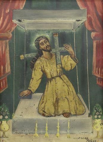 Appraisal: Framed oil on tin retablo Mexico Jesus de las Penas