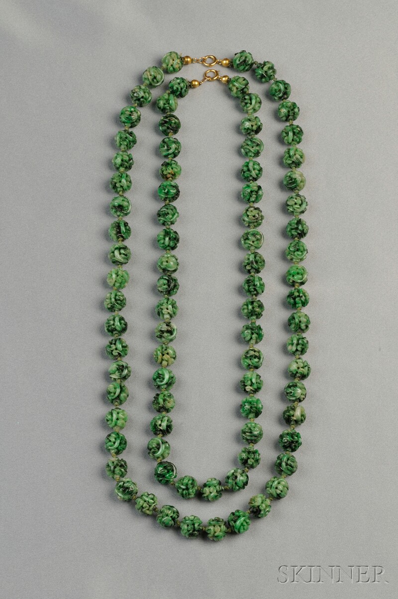 Appraisal: Two Carved Chinese Nephrite Jade Bead Necklaces both composed of