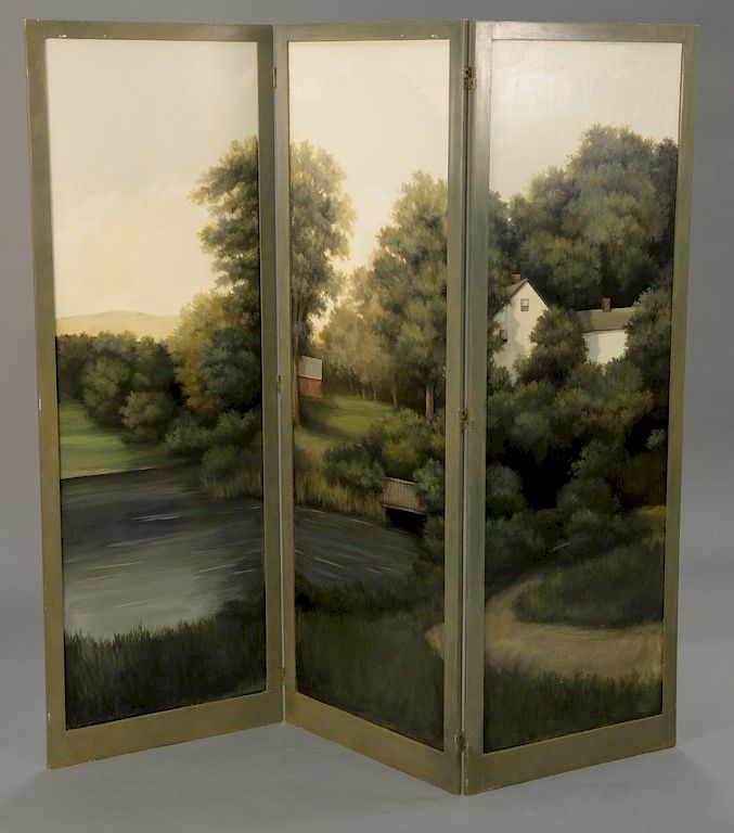 Appraisal: Three fold dressing screen with hand painted landscape scene ht