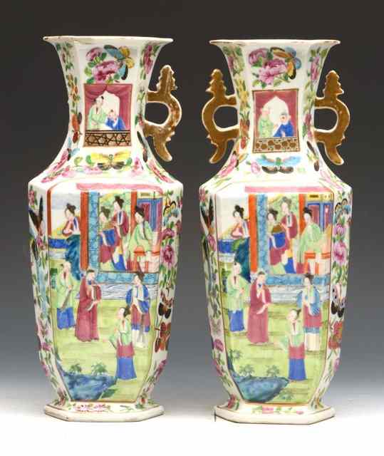 Appraisal: A PAIR OF CHINESE CANTON HEXAGONAL VASES having panels of