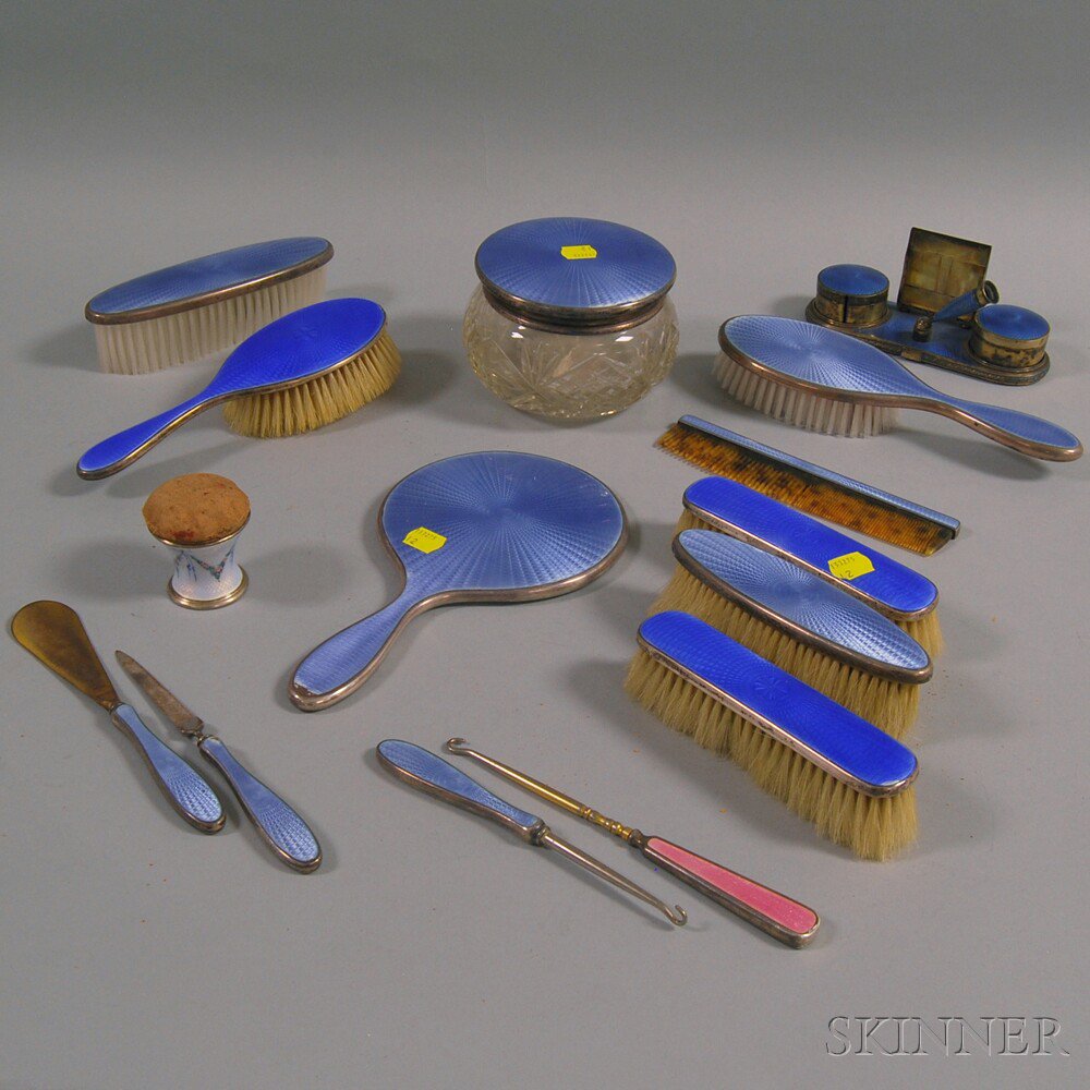 Appraisal: Assembled Group of Sterling Silver-mounted Guilloche Enameled Dresser Items including