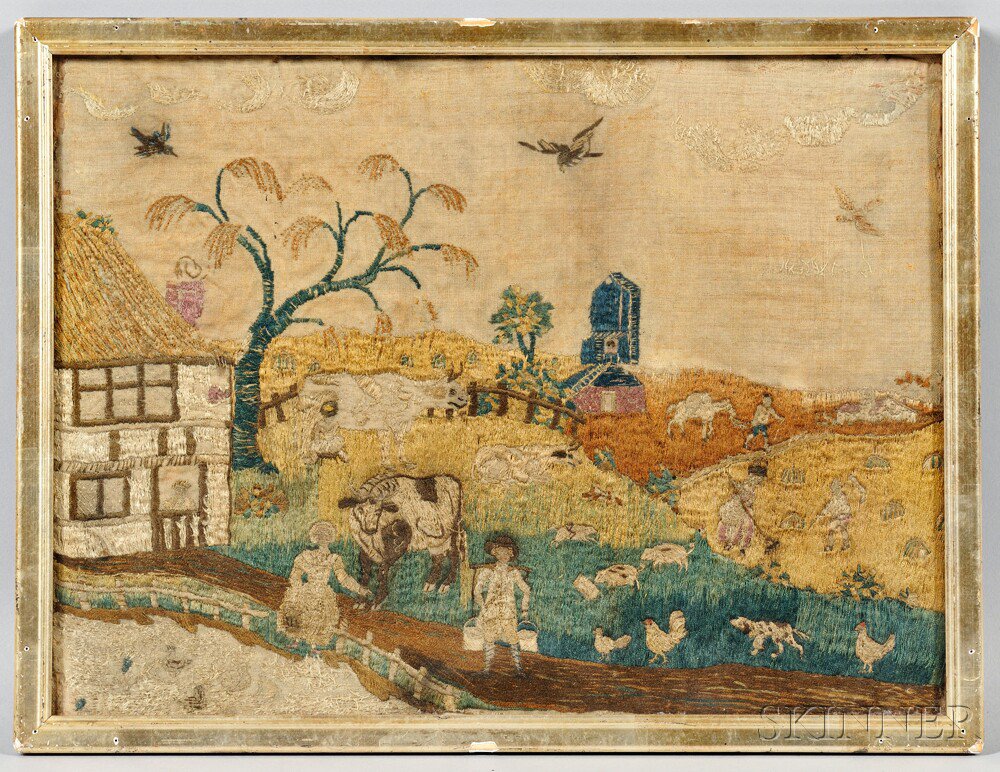 Appraisal: English Embroidered Farm Scene mid- th century with two figures