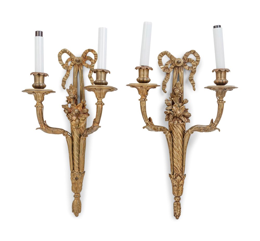 Appraisal: A Pair of Louis XVI Style Gilt Bronze Two-Light Wall