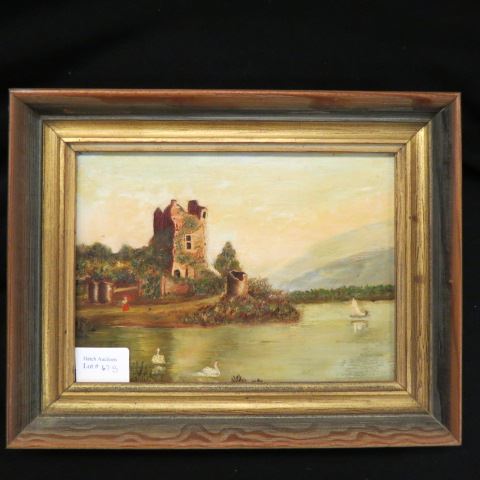 Appraisal: Florence Hollist oil landscapewith castle and swans on a lake