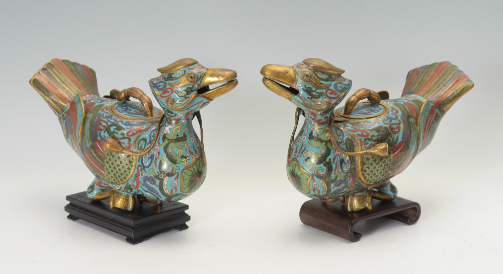 Appraisal: PAIR CHINESE CLOISONNE FIGURAL DUCK VESSELS th Century figural seated