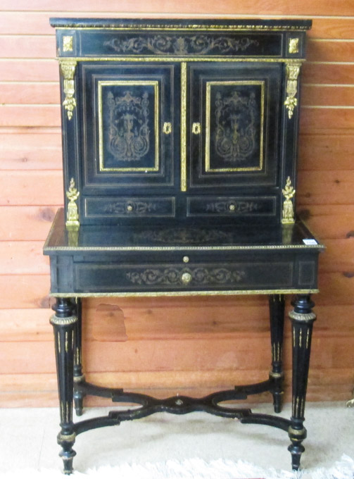 Appraisal: LOUIS XVI STYLE INLAID EBONIZED AND ORMOLU MOUNTED MAHOGANY BONHEUR