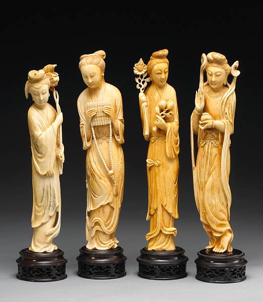 Appraisal: Two tinted ivory figures of beauties First half of th