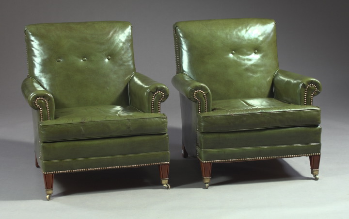 Appraisal: Pair of Edwardian-Style Green Leather Library Chairs mid- th century