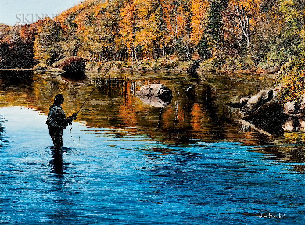 Appraisal: Adriano Manocchia American b Fly Fisherman on a Quiet Autumn