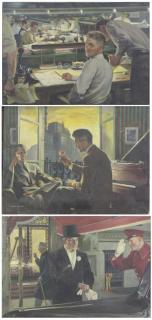 Appraisal: FALTER John Three Oil on Canva Illustrations Office Scene -