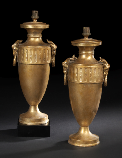 Appraisal: Pair of English Gilded Brass Ram-Masque-Handled Garniture Vases in the